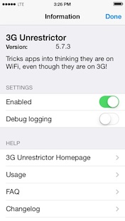 Screenshot - 3G Unrestrictor config app - Info Screen